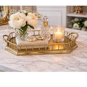 Vintage Hollywood Regency Brass Gallery Tray, Bamboo Style Brass Tray